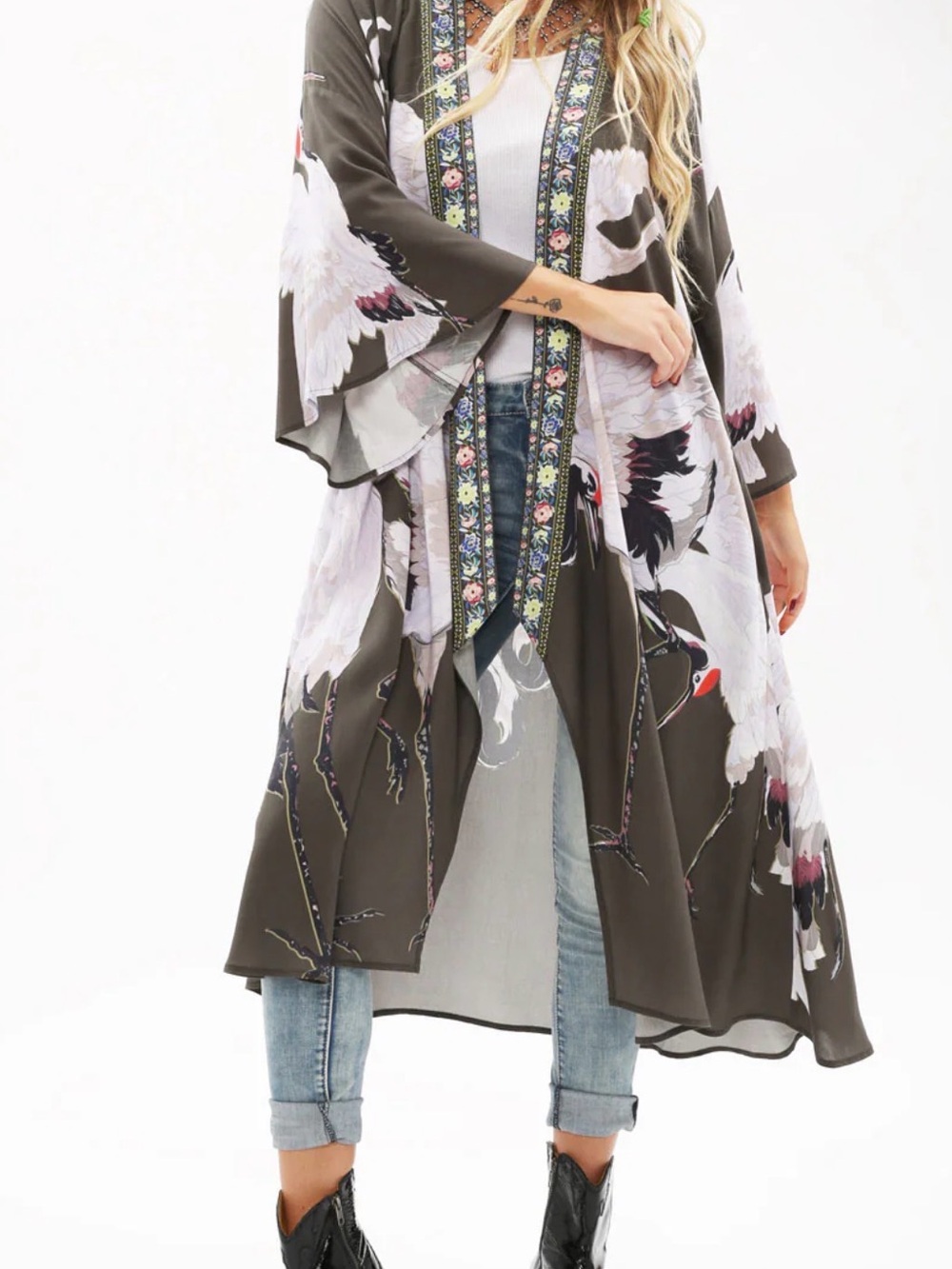 Aratta Story of the Crane Kimono Robe in Charcoal, NWT